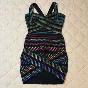 NWT Bella Barnett Black and Multicolor Striped Mini Bandage Dress Sz Medium